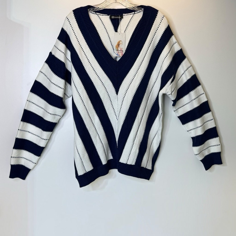 Pretty Garden Navy Blue & White Striped V Neck Long Sleeve Sweater Womens Large